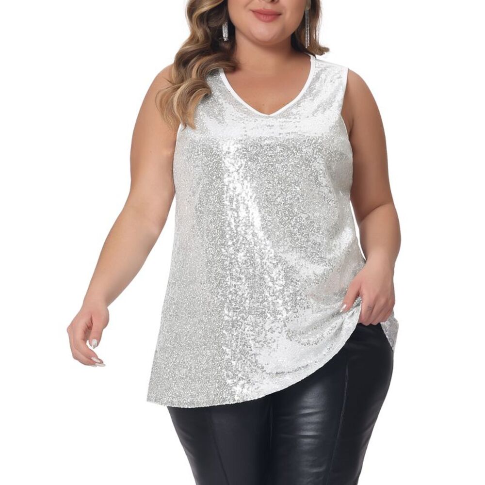 Plus Size Tops for Women Sleeveless Sparkle Glitter Sequin Tank Top Silver